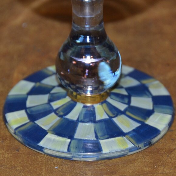 RARE RETIRED DESIGNER MACKENZIE CHILDS BLUE ROYAL CHECK GOLD WATER GLASS GOBLET - Picture 6 of 11